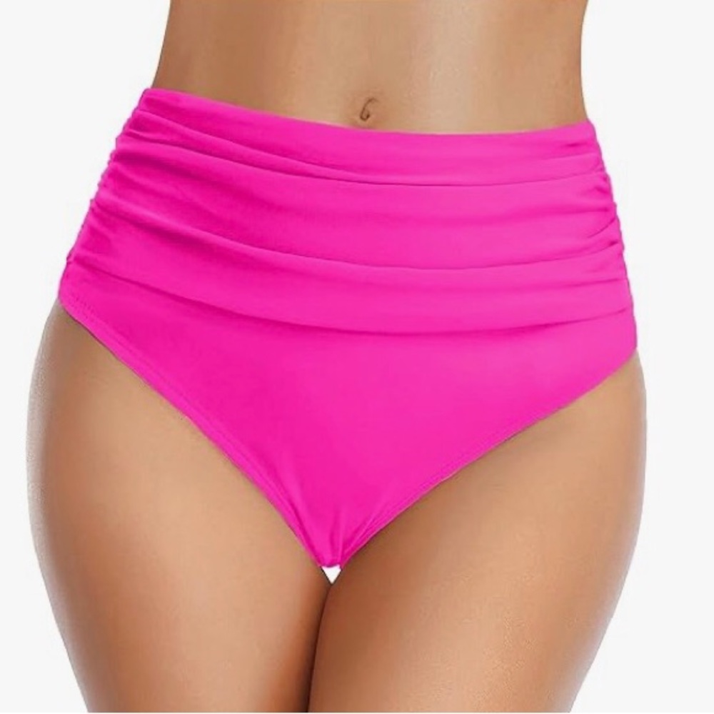 Cupshe Women’s Pink Bikini Bottoms High Waist Shirring Tummy Control Size S